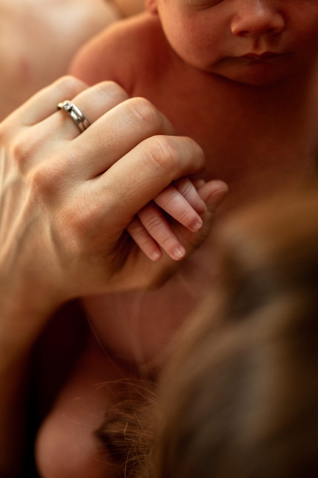 Main d'un nouveau-né tenant le doigt d'un adulte, symbolisant le soutien et la présence bienveillante d'une doula pendant l'accouchement.